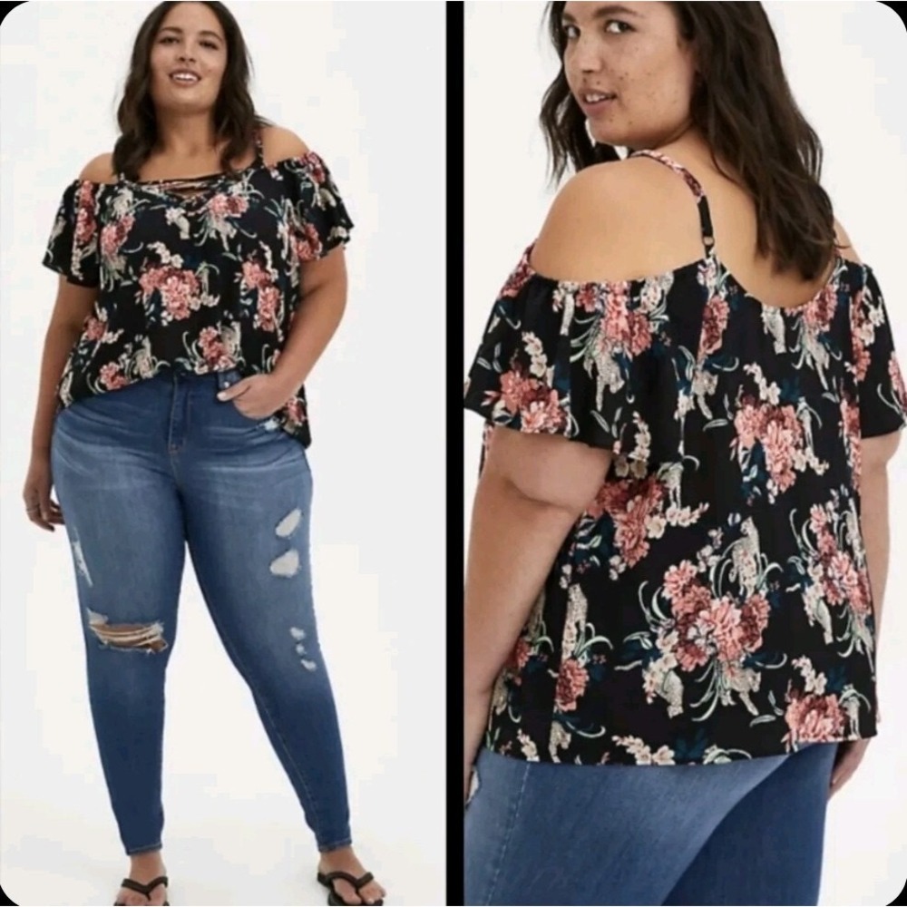 Torrid Floral Cold Shoulder Metallic Stripe Blouse Black Pink 3X Plus Size